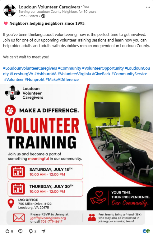 Loudoun Volunteer Caregivers social media post